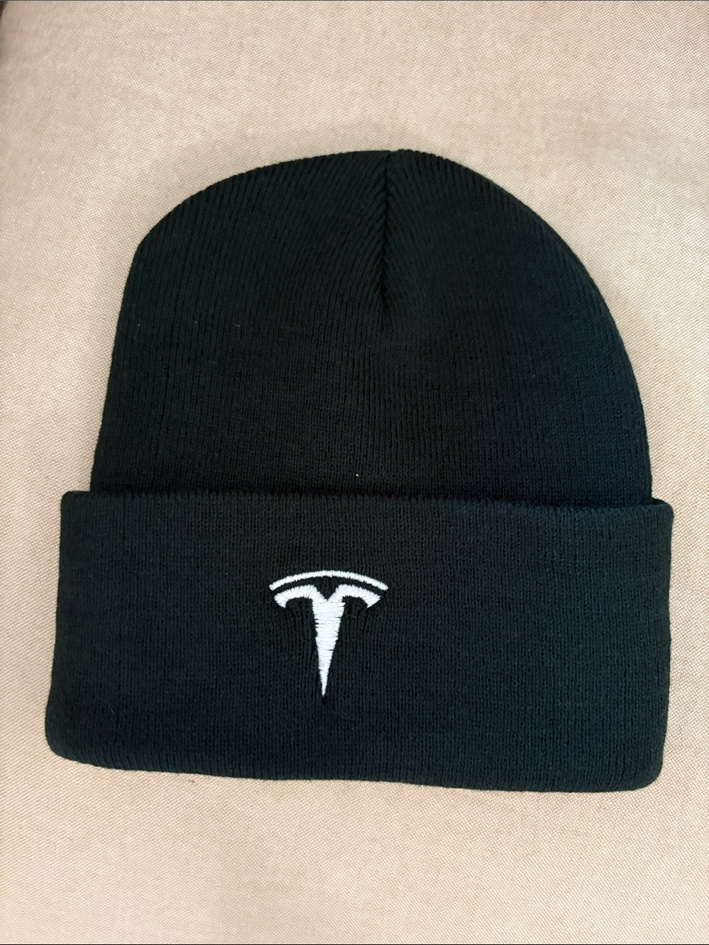 Tesla Black Knit Beanie with White Embroidered Logo - Men Accessories